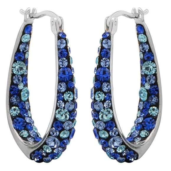 14K White Gold with Blue Sapphire Crystal U Shape French Lock Hoop Drop Earrings - Picture 3 of 5